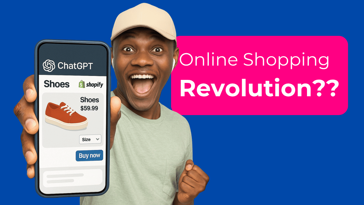 Hyped man showing his phone with a ChatGPT shopping interface, he's buying shoes thanks to Agentic recomandations. At the right of the image, there is a big pink rectangle with written on it 