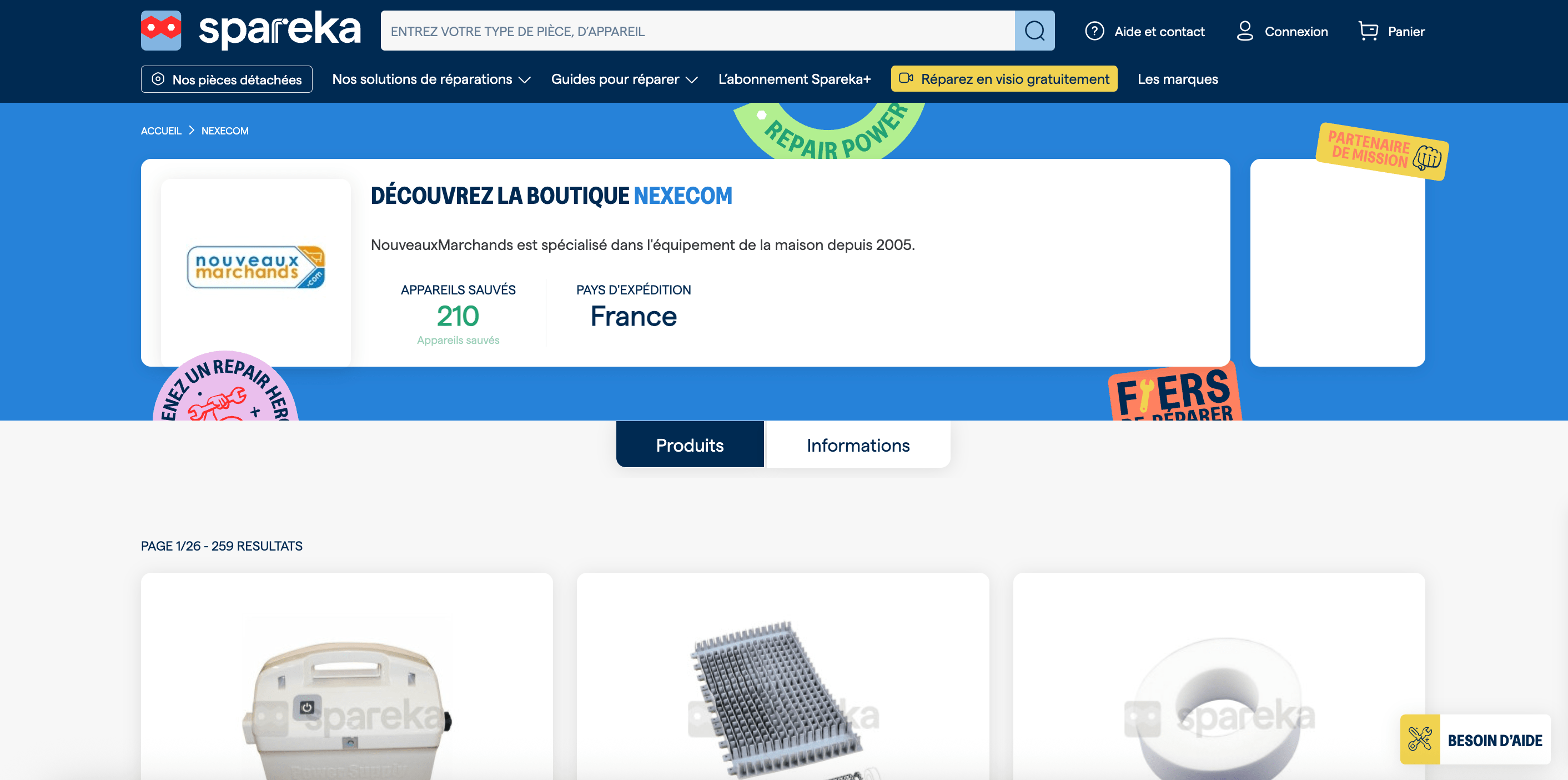 Page Spareka présentant la boutique Nexecom (NouveauxMarchands) avec logo, informations sur les appareils sauvés et pays d’expédition.
