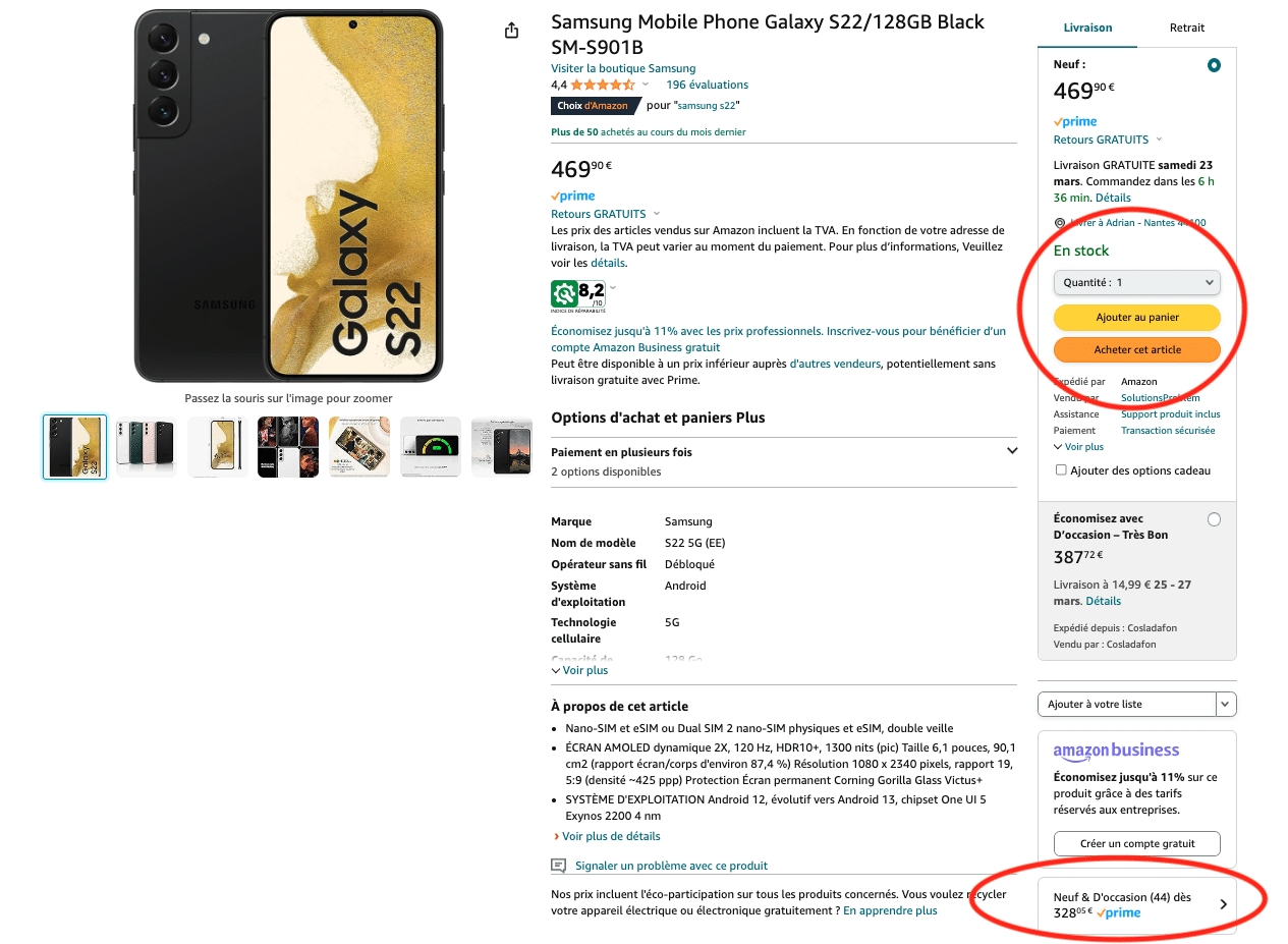 Exemple d'une Buy Box sur Amazon (marketplace)