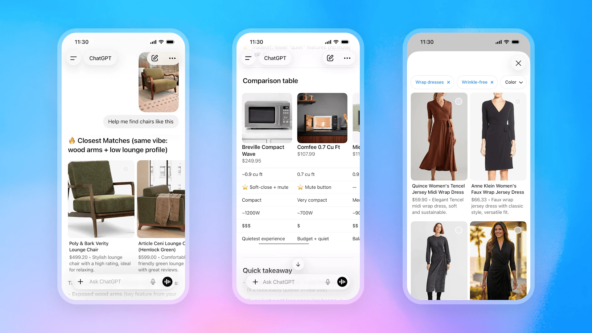 ChatGPT shopping experience with AI product discovery, comparison tools, and visual search results on mobile interface