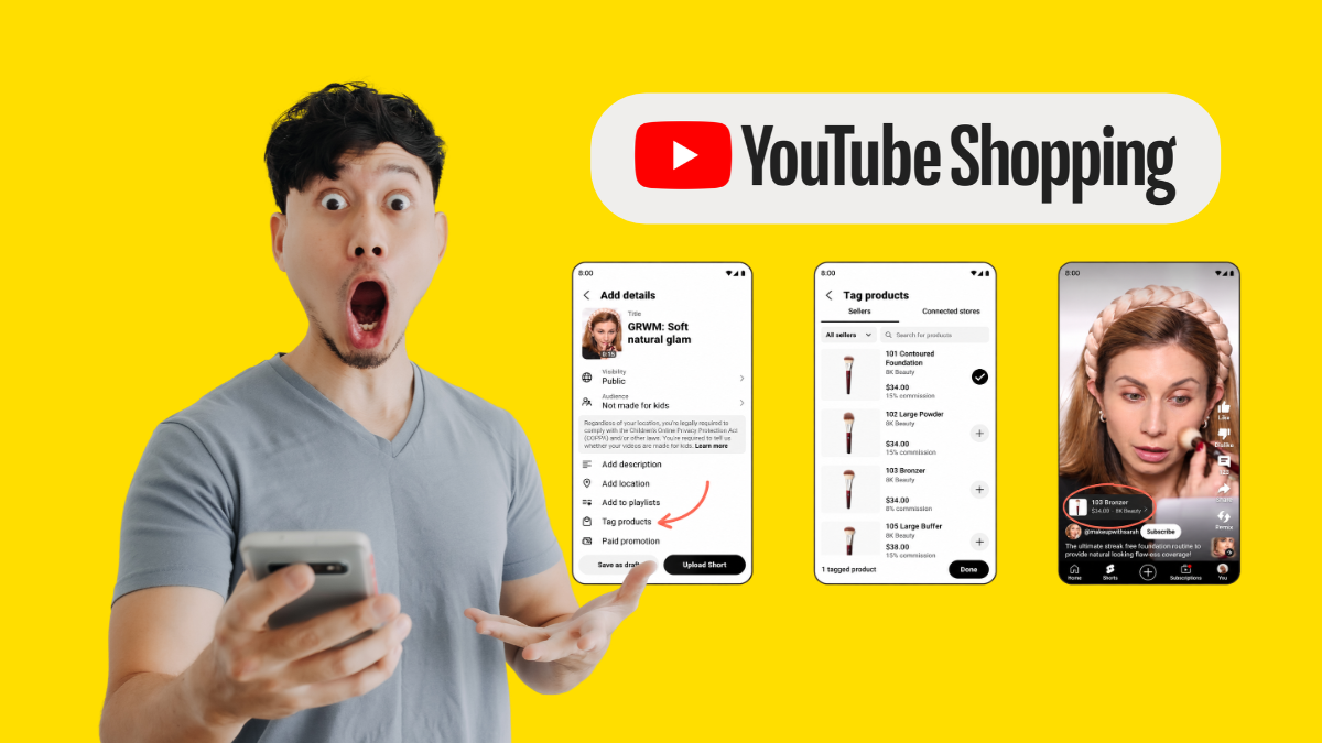 YouTube Shopping sur mobile : un créateur tague des produits dans sa vidéo et le spectateur ouvre la liste des produits depuis le bouton Shopping