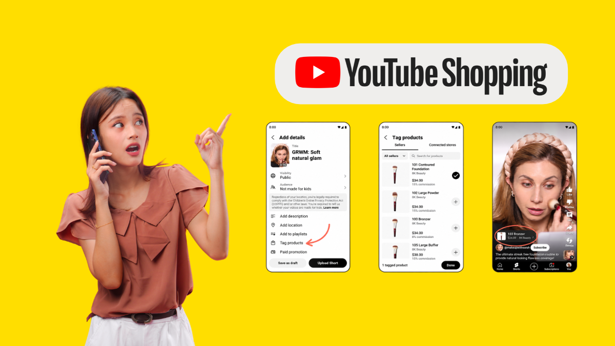 YouTube Shopping on mobile: a creator tags products in a video and viewers open the product list from the Shopping button